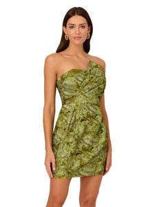 Liv Foster Floral Jacquard Strapless Dress With Pleated Asymmetric Neck In Dark Chartreuse