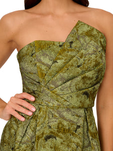 Liv Foster Floral Jacquard Strapless Dress With Pleated Asymmetric Neck In Dark Chartreuse
